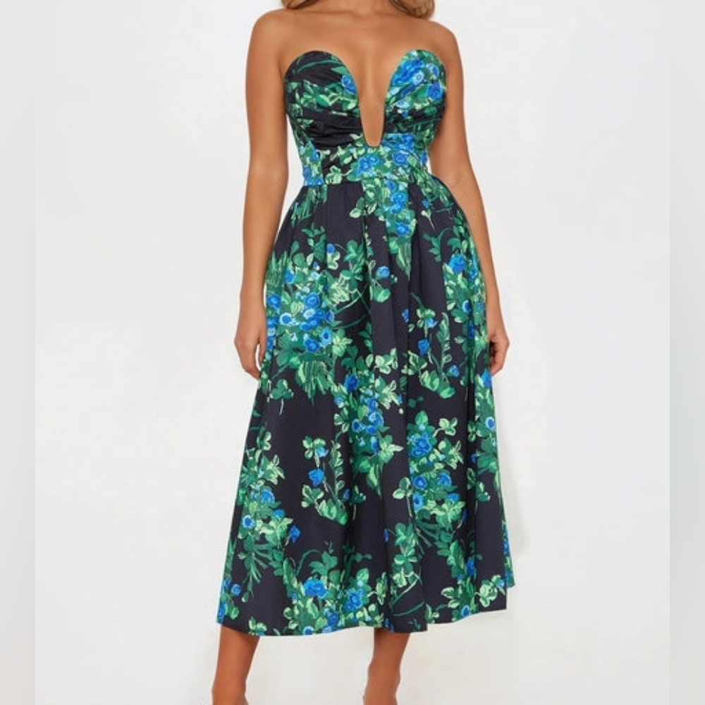 fashion nova Florence strapless floral midi dress NWT blue green